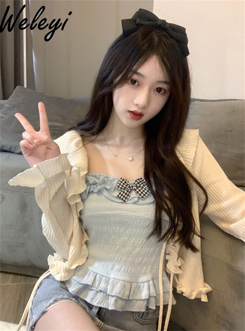 

Woman Cute Set 2024 Summer Sweet Hot Girl Pure Desire Style Base Ride Small Sling Vest Short Knitted Cardigan Top Two Piece Suit