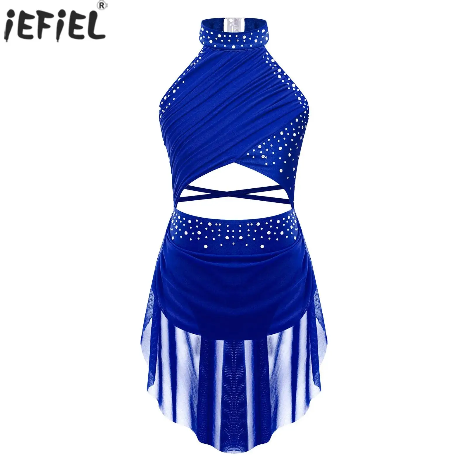 

Kids Girls Figure Skating Gymnastics Performance Dancewear Modern Lyrical Dance Dress Rhinestone Backless Ballet Tutu Leotard