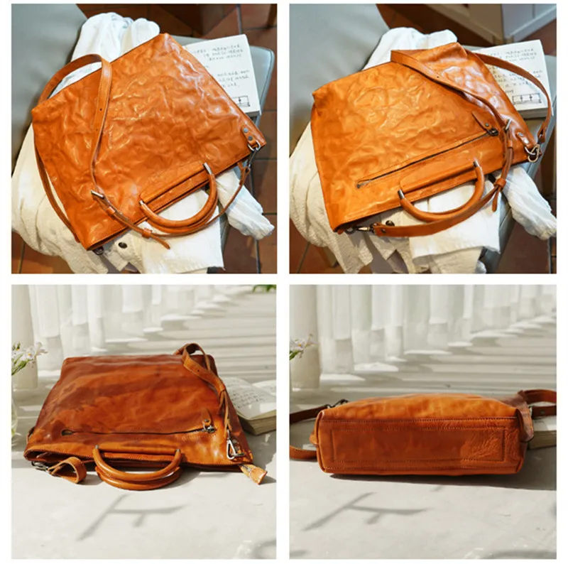 Fashion pleated genuine leather women's A4 handbag casual vintage high quality cowhide ladies big shoulder messenger bags
