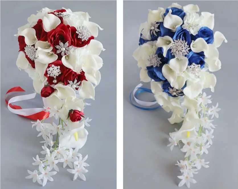 Holding Waterfall Flowers Artificial Red Rose Wedding Bouquet with Silk Satin Ribbon Bridesmaid Bridal Party