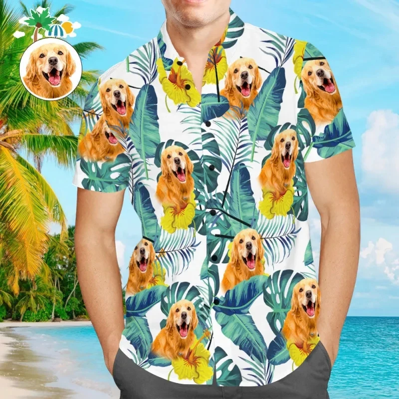 Custom Dog Face On A Hawaiian Shirt For Pet Lover DIY Personalized Pet Photo Beach Shirts For Men Oversized T Shirt 3