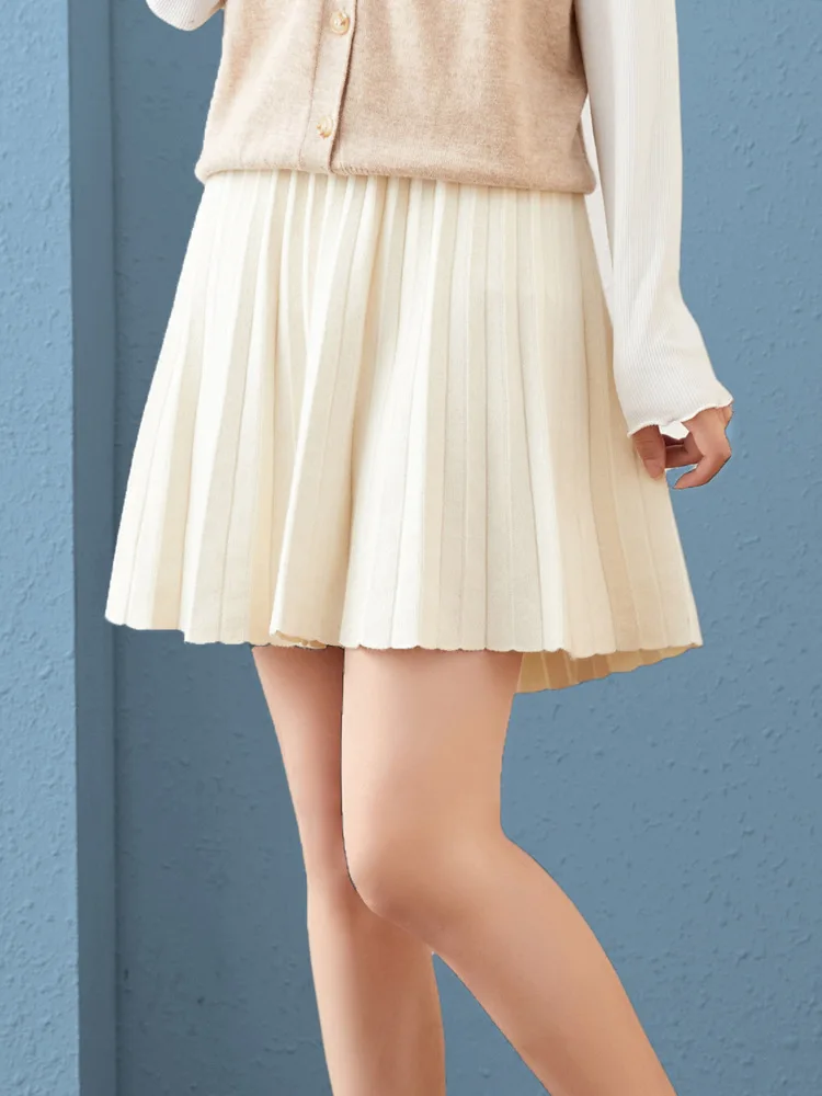 2022 Knitted Mini Skirts Vintage Elastic Waist Slim Pleated Faldas Autumn Winter Solid All-match High Street Elegant Jupes skorts for women
