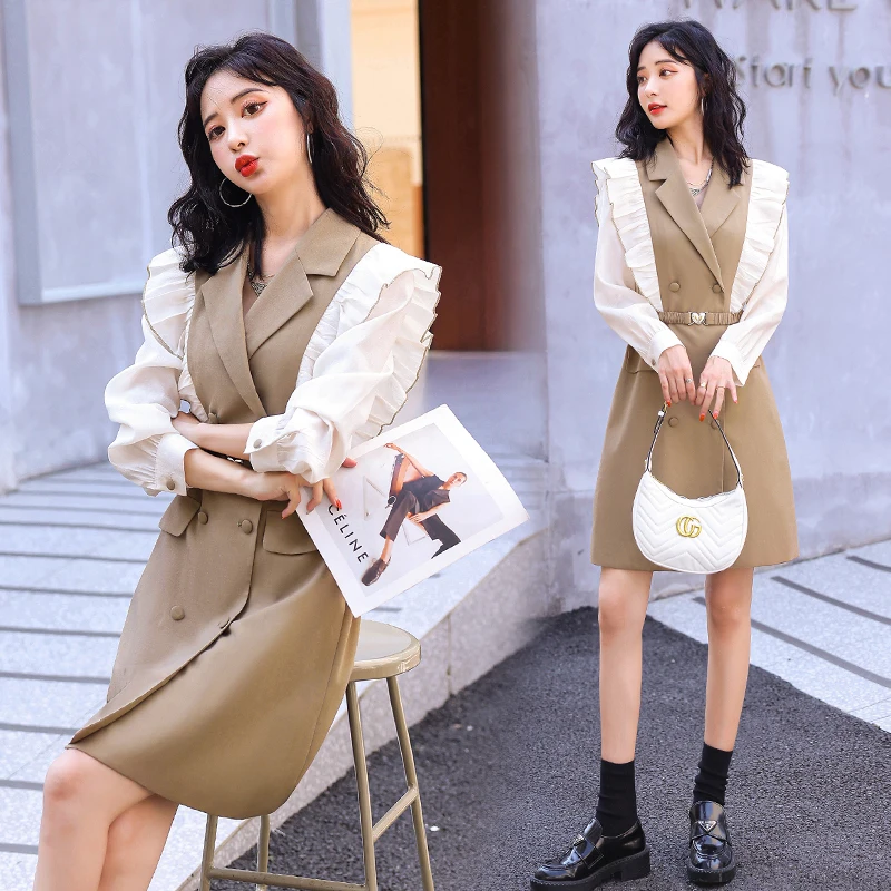 

Женское двубортное платье-Блейзер, ТРАПЕЦИЕВИДНОЕ ПЛАТЬЕ составного кроя с длинными рукавами и лепестками, корейская мода, новинка 2022