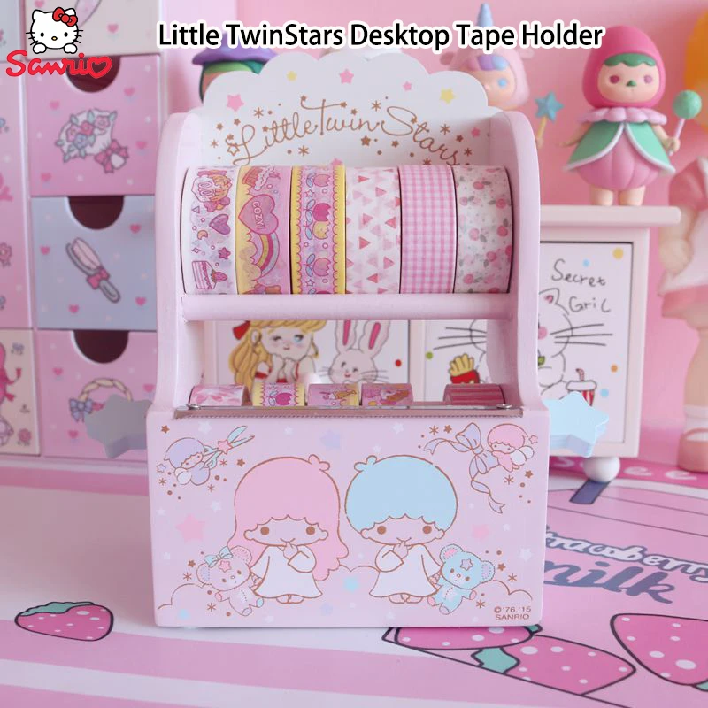 

Sanrio Little Twinstars Adhesive Tape Sealing Slicer Cute Cartoon Wooden Stationery Small Tape Holder Desktop Decorate Ornaments