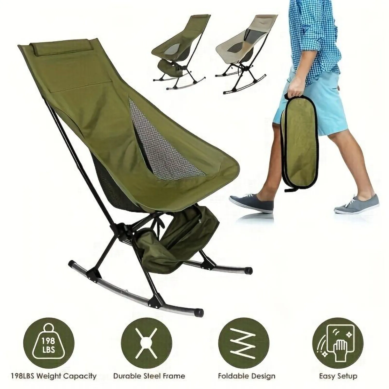 Portable Camping Rocking Chair 198LBS Weight Capacity Included Carry Bag High Back Rocker Chair For Patio Fishing Beach Lawn Tra 2