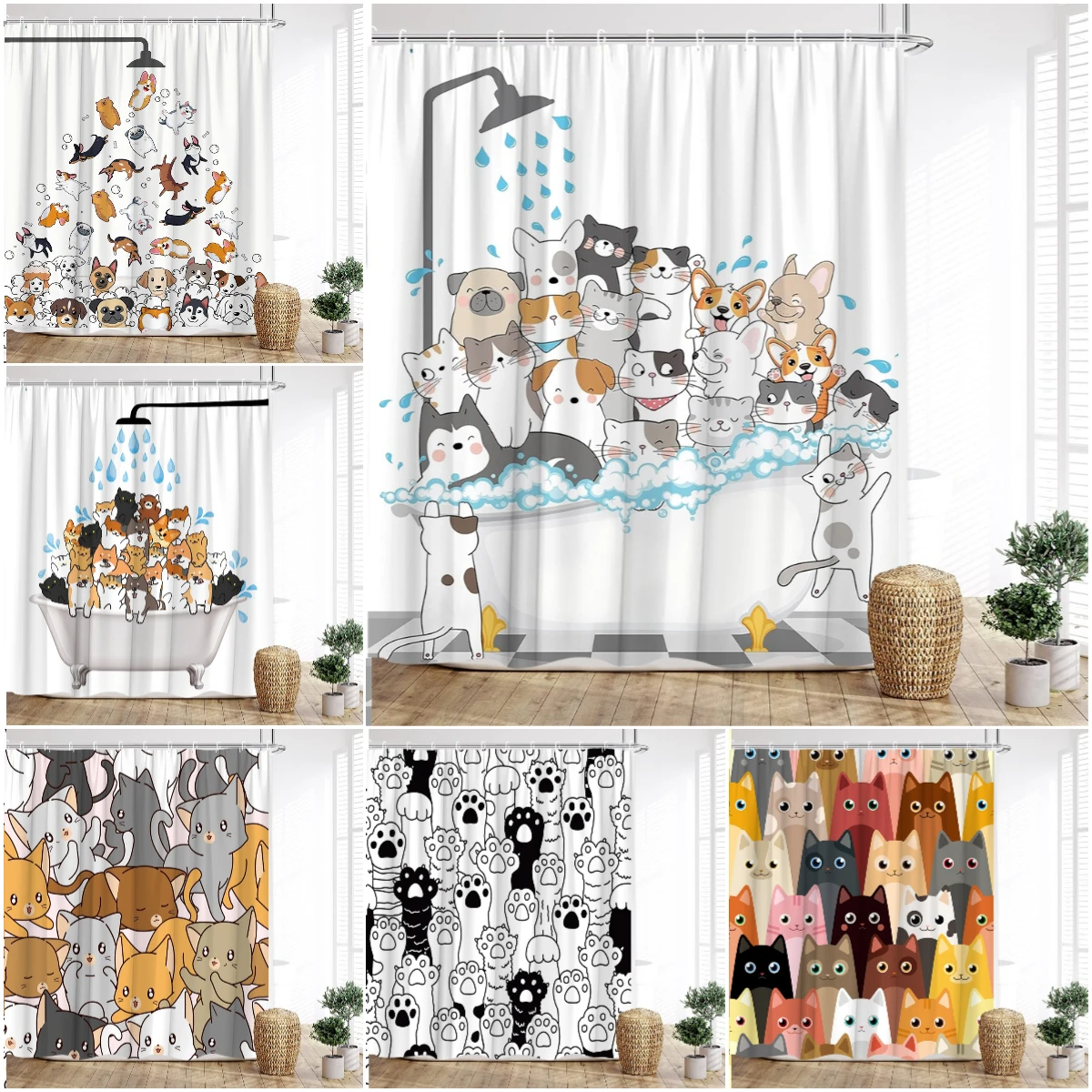 Cartoon Animal Shower Curtain with Funny Cat and Dog Paws Cute Kids Shower Print Family Bathroom Decoration with Hooks