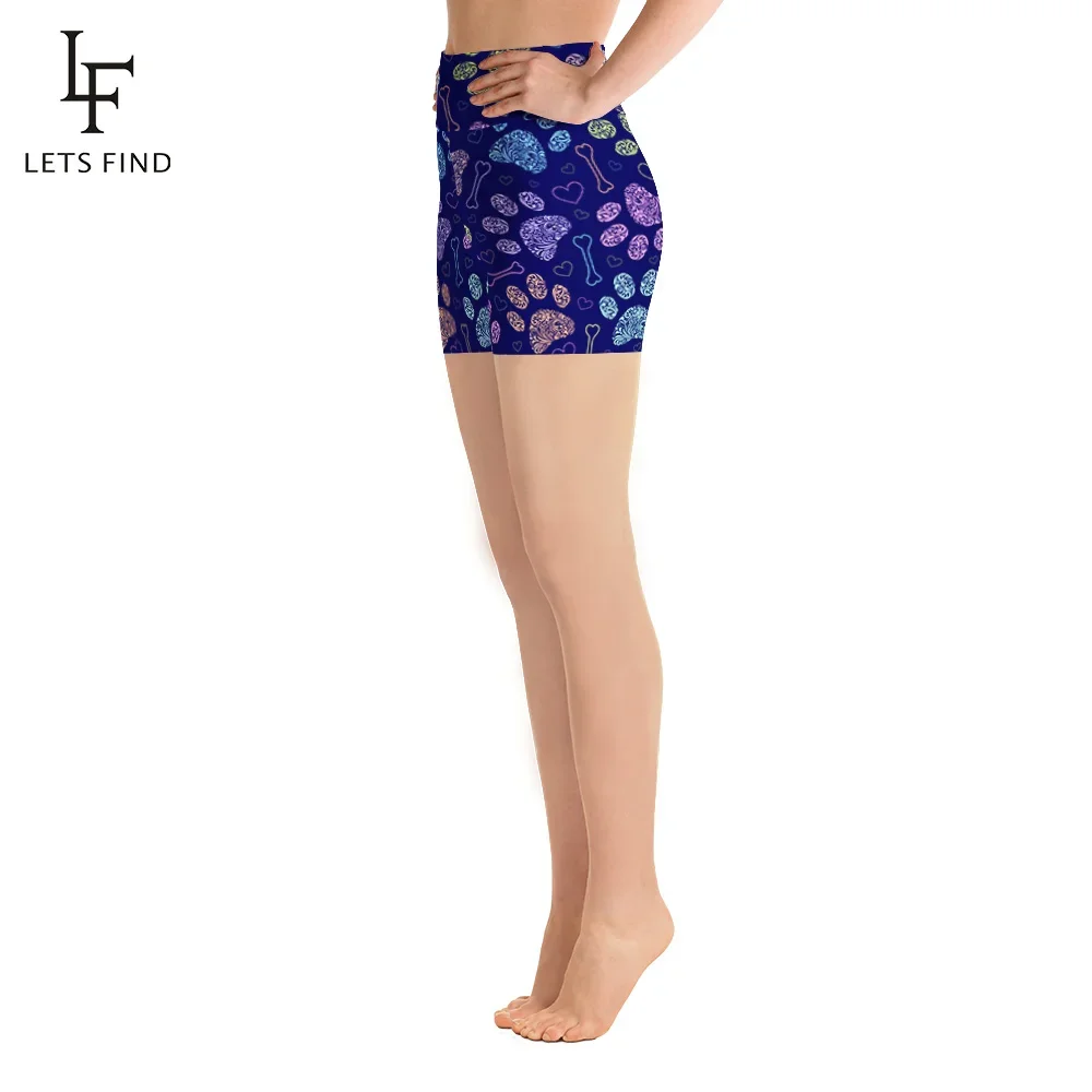 LETSFIND New Women High Waist Short Leggings 3D Colorful Dog's Paw Digital Print Elastic Comfortable Short Pants