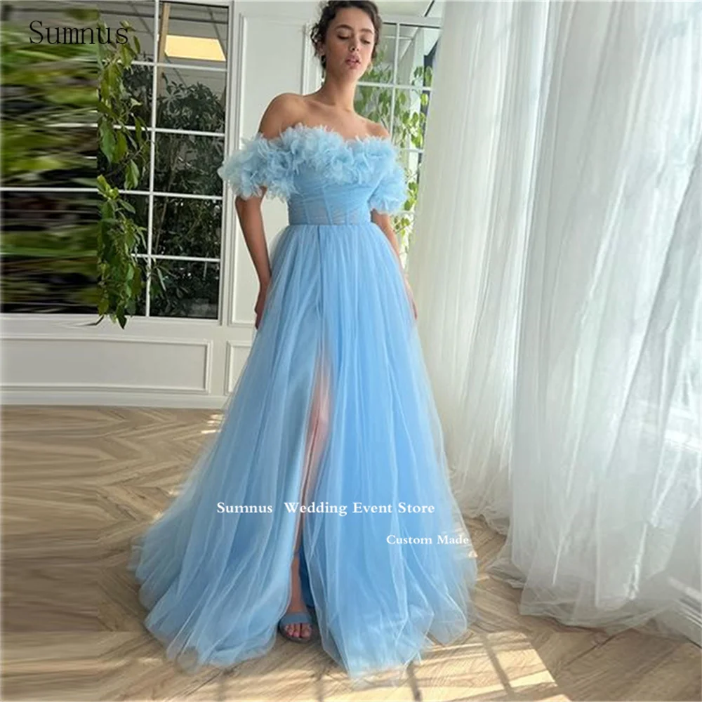 

Sumnus Sky Blue Tulle Long Prom Dresses Off The Shoulder Ruffles A Line High Side Slit Vestidos Para Mujer Party Desses 2023
