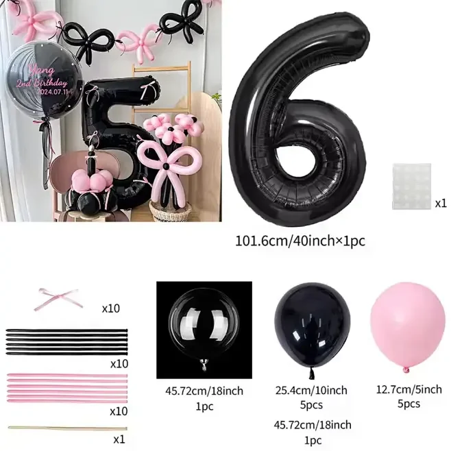 Pink Balloon Set - 45 Pieces with Black Number Balloons 0-9 for Girls Birthday  Anniversary Decoration