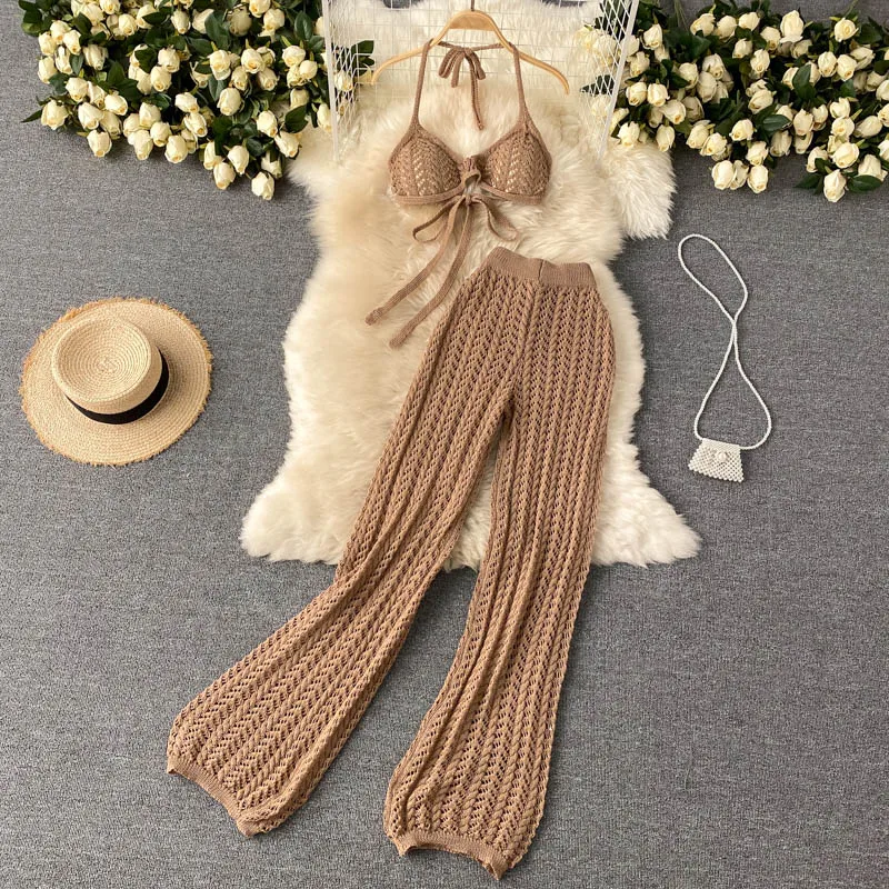 

Seaside Vacation Two Piece Set Sexy Hanging Neck Perspective Strapless Top Hollowed out Knitted Wide Leg Pants Two-Piece Set