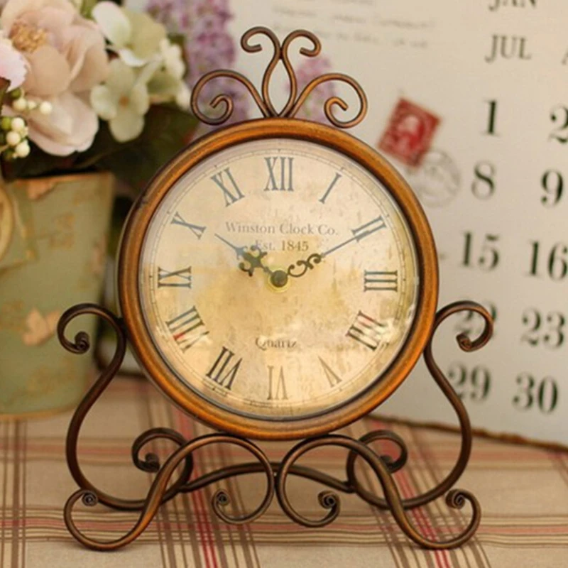 Vintage Retro Iron Ornament Battery Operated Silent Table Clock Home Bedroom Living Room Office Decor retro desk clock