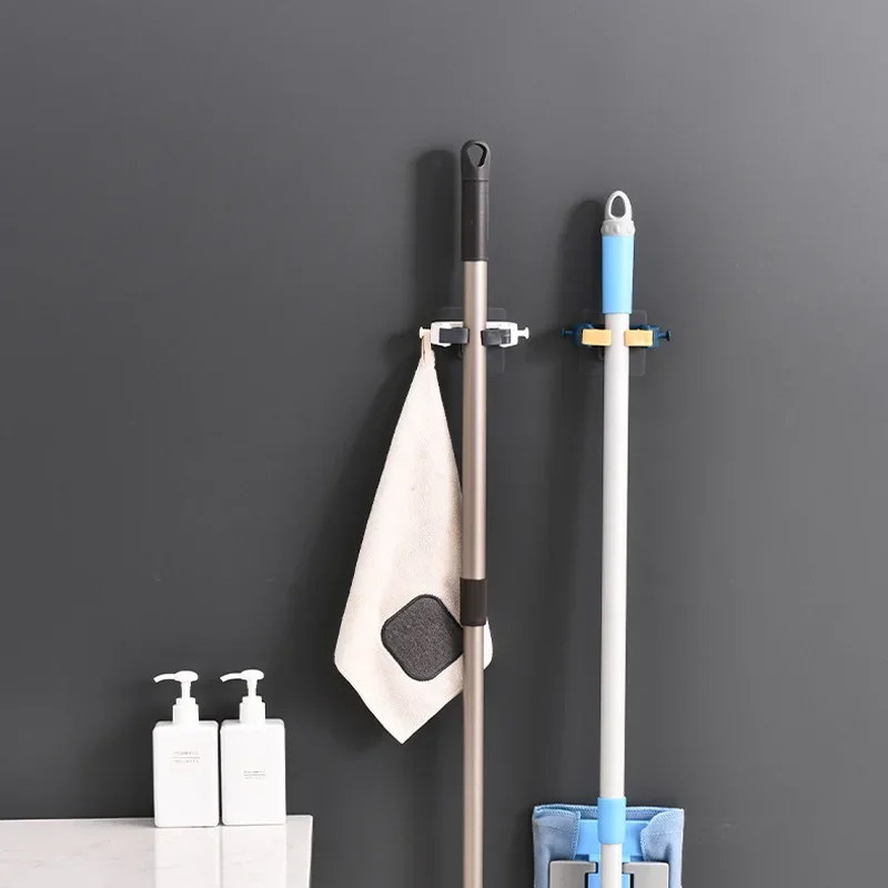 Mop & Broom Holder 1pc No Punching Mop Broom Holder Rack Grippers Clips Wall Mount Home Appliance Multi-Purpose Hooks Kitchen Bathroom Organizer