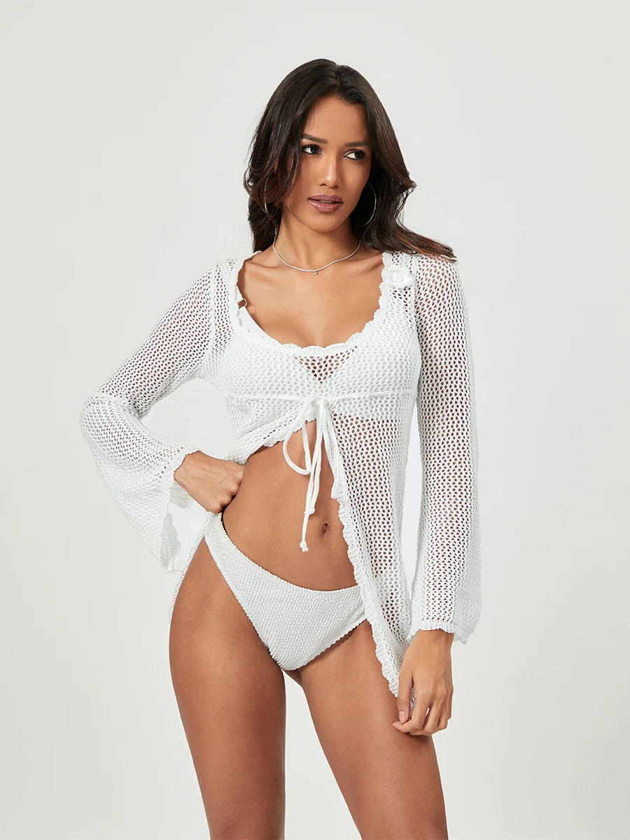 

Beach Cover Up for Women Crochet Knit Front Slit Tie Waist Bikini Bathing Suit Sexy Long Sleeve See Through Cover Ups