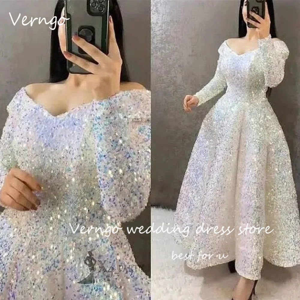 

Verngo Sparkly White Evening Dresses Off the Shoulder Long Sleeves Plus Size Dubai Arabic Glitter Prom Gowns Party Formal Dress