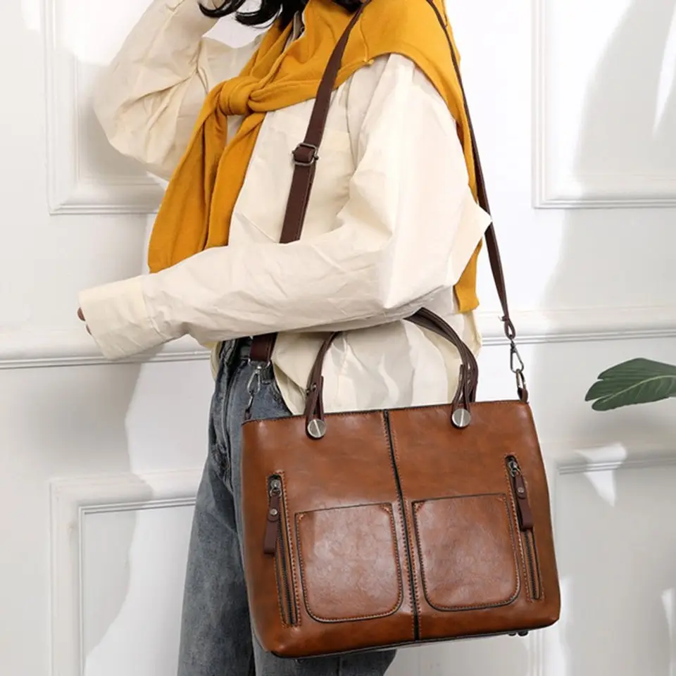 Borsa Tote In Pelle PU Vintage - Capacità Large Con Multiple Tasche Per Lavoro E Viaggi