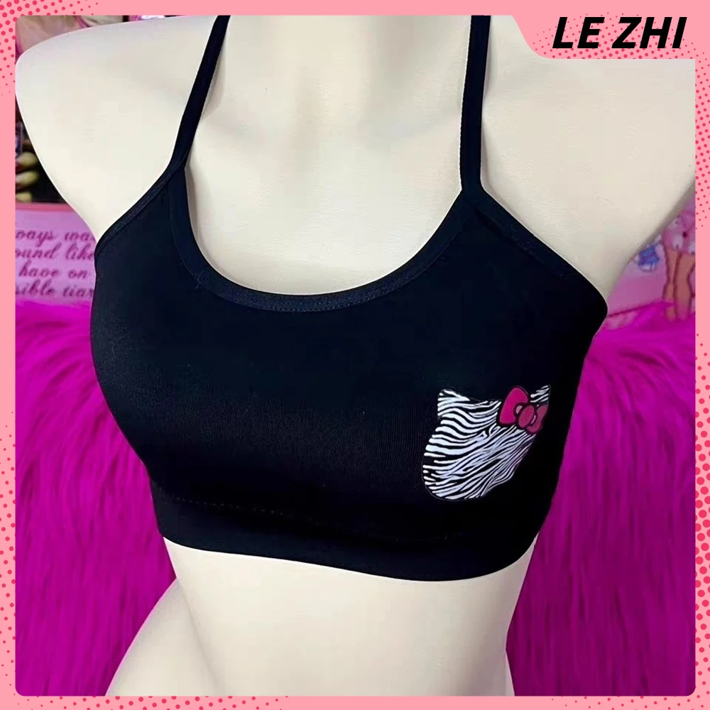 

Fashion Hello Kitty Bra Creative Printing Halter Soft Comfortable Cross Design Breathable Sports Underwear Push Up Crop Top