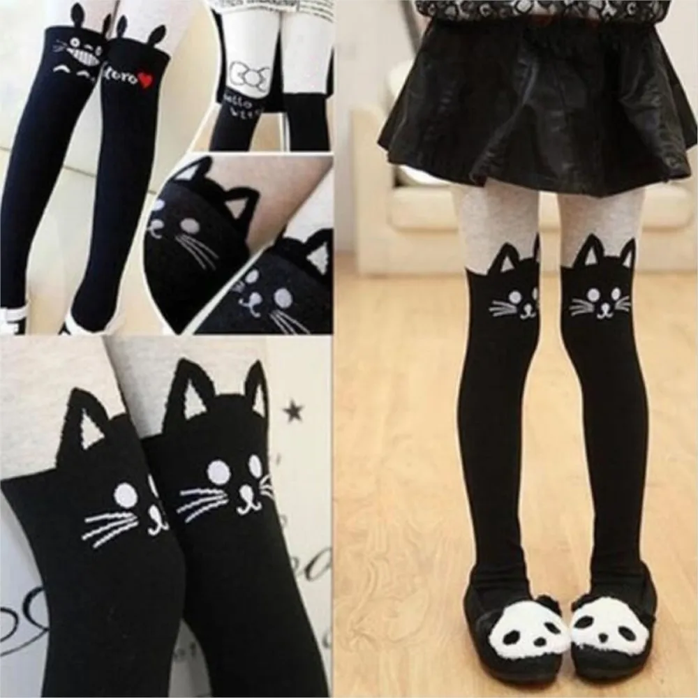 Kids Pantyhose Spring and Autumn Baby Girl Tights Princess Cartoon Cat Patchwork Child Girl Pantyhose Soft Cotton Child Warming Tights