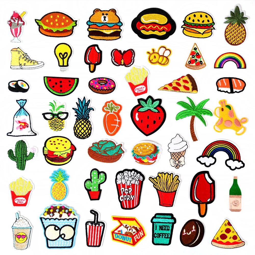 Watermelon Strawberry Pneapple Popcorn Sushi Patches Embroidery For T-Shirt Iron On Appliques Clothes Jeans Stickers Badges