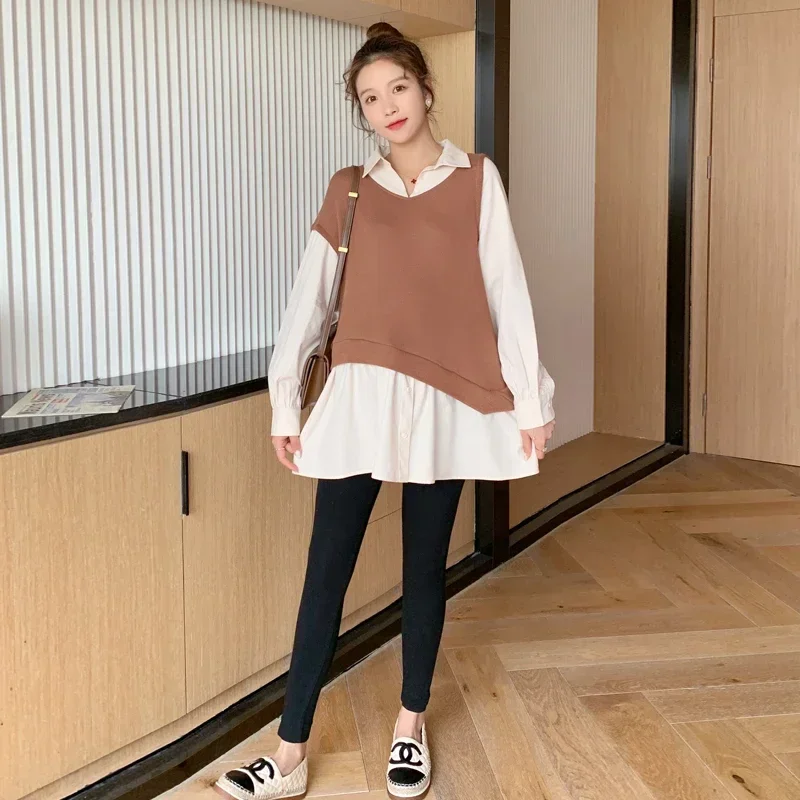 Spring Maternity Clothing Set Long Sleeve Turn-down Collar Knitted Pullovers+black Leggings Pregnant Woman Shirts Twinset