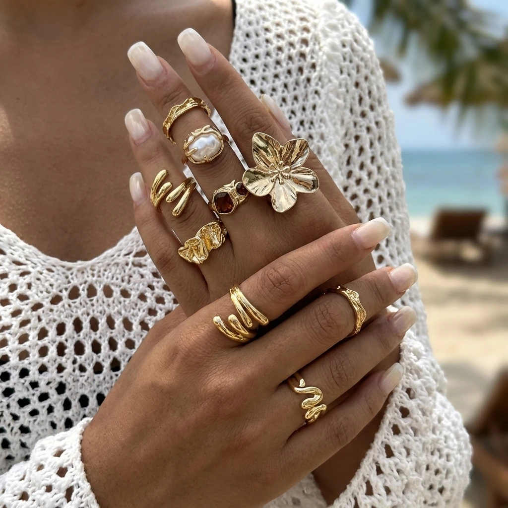 Elegant Gold-Tone Ring Set with Faux Pearls and Abstract Floral Design