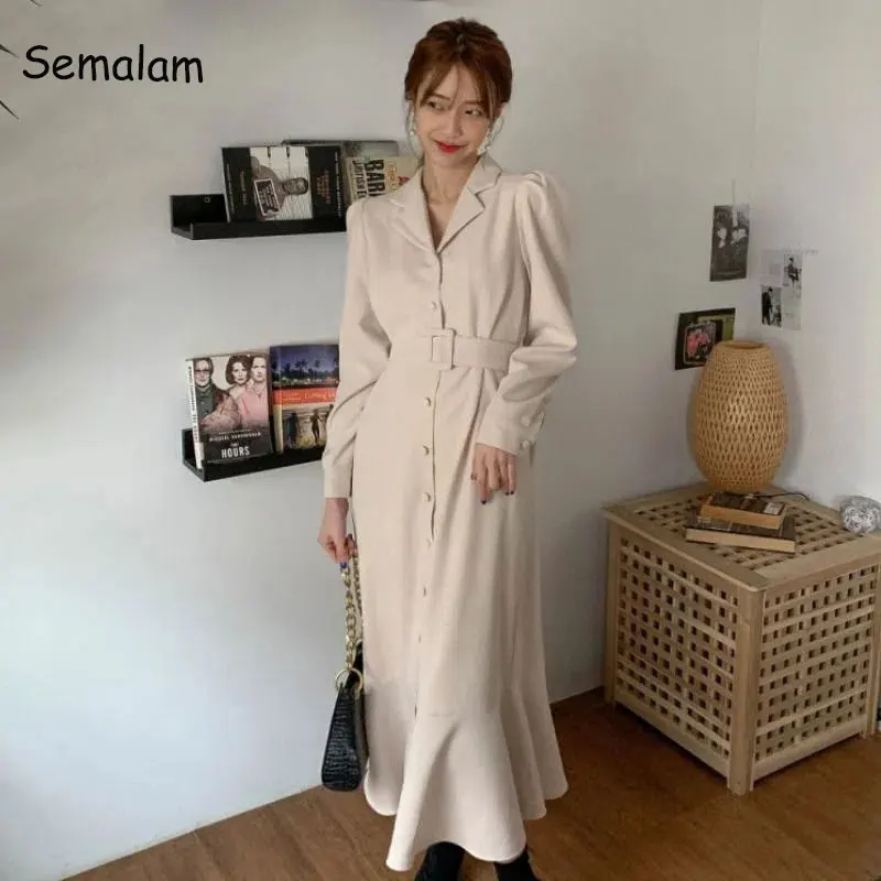 

Autumn Sashes Dress for Women Office Lady Trumpet / Mermaid Long Sleeve Midi Dress With Belt Beige Single-breasted Party Robe