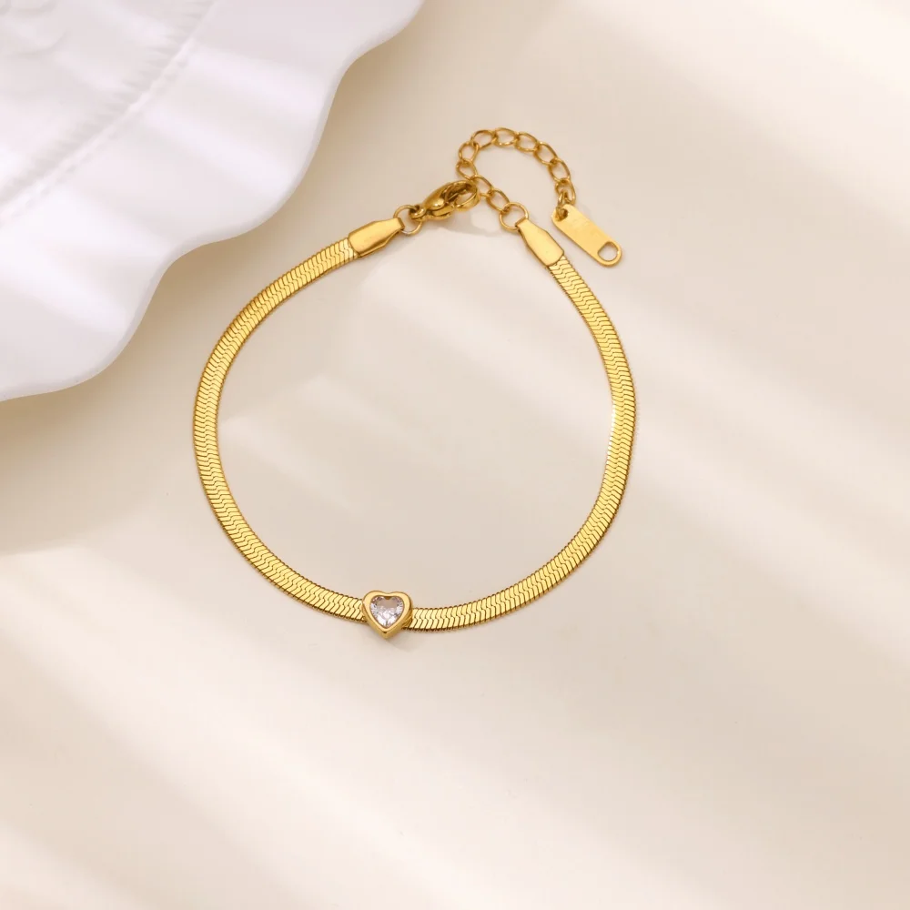 Zircon Birthstone Heart Bracelets For Women Gold Color Stainless Steel