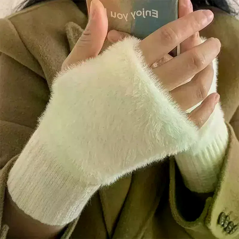 1Pair Warm And Cold-proof Half-finger Gloves For Women In Autumn And Winter, Versatile And Plush, Cute Office Half-finger Gloves - 2