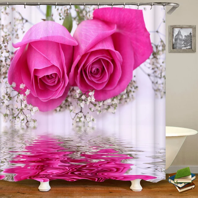 Rose Flower Shower Curtain Set Non-Slip Rugs Bath Mat Toilet Lid Cover and 12 Hooks Waterproof Polyester Bathroom Decor C-1PC Shower Curtain