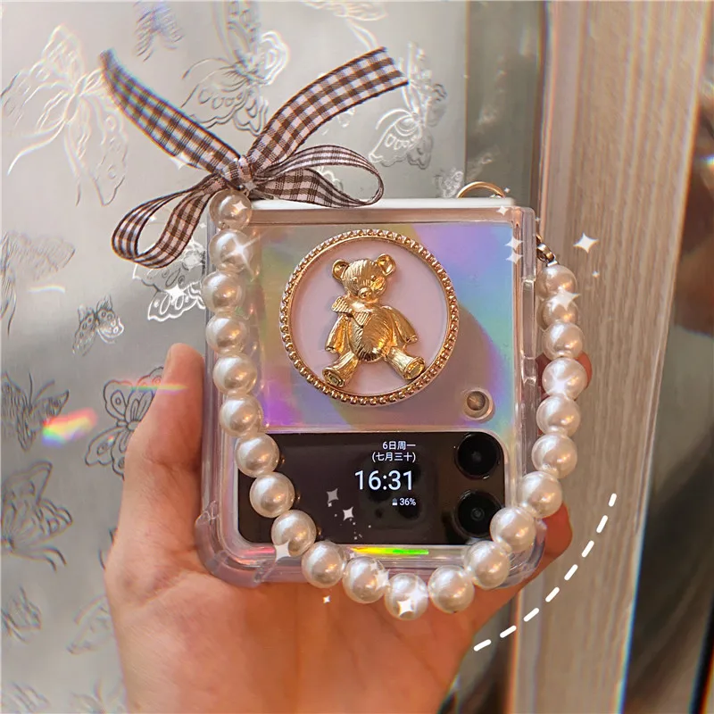

For Samsung Galaxy Z Flip Flip 4 3 2 1 Flip4 Flip3 5G DIY Cute Bear Stand Holder Laser Card Pearl Hand Chain Handbag Case Cover