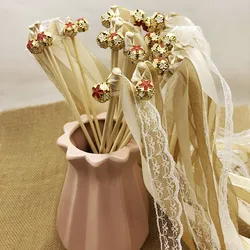 Whitney New 1674 Wedding Event Decoratn Lace Gold Wedding Wands Ribbon Pull Lawn Wedding Party Guest Hand Hold Cheers Wand