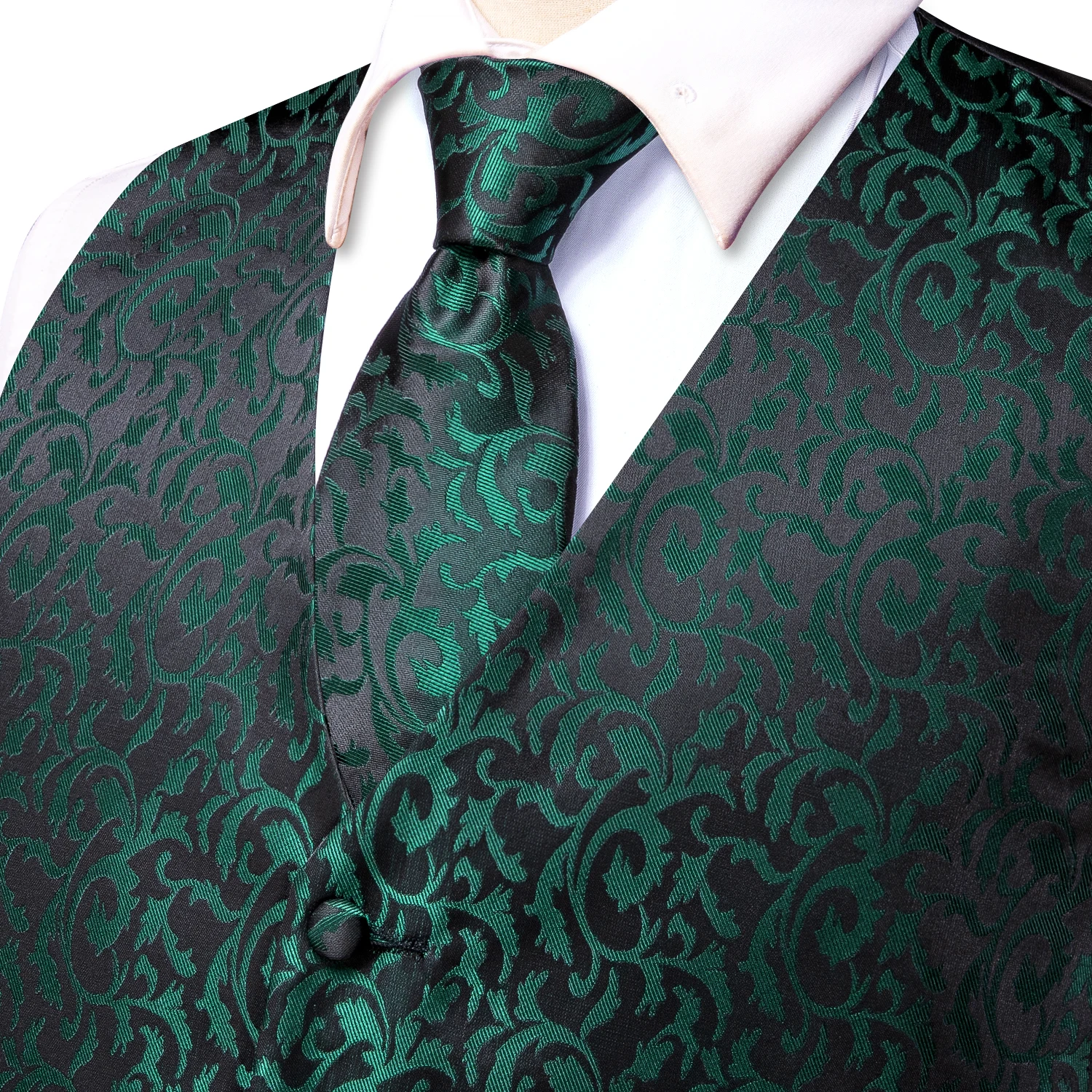 Hi-Tie Men's Silk Vests Fashion Dark Green Floral Jacquard Handkerchief Cufflinks Necktie Sleeveless Wistcoat Sets Wedding Party 3