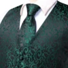 Hi-Tie Men's Silk Vests Fashion Dark Green Floral Jacquard Handkerchief Cufflinks Necktie Sleeveless Wistcoat Sets Wedding Party 3