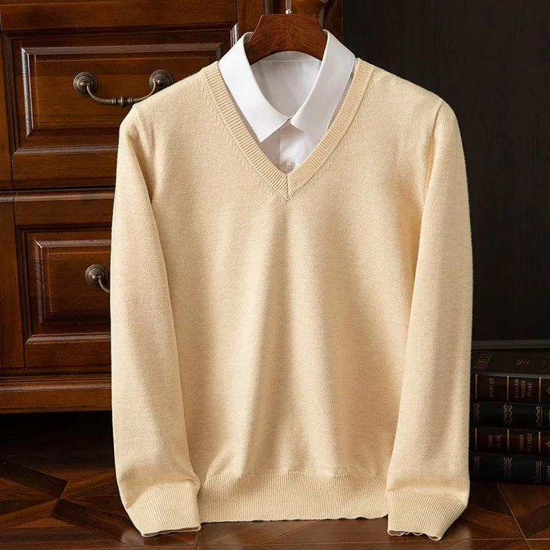 Description Picture 2 of item100 Ordos Wool Sweater Men's Clothing V-neck Long Sleeved Pullover Cashmere Knitted Bottom Tops Soft Warm
