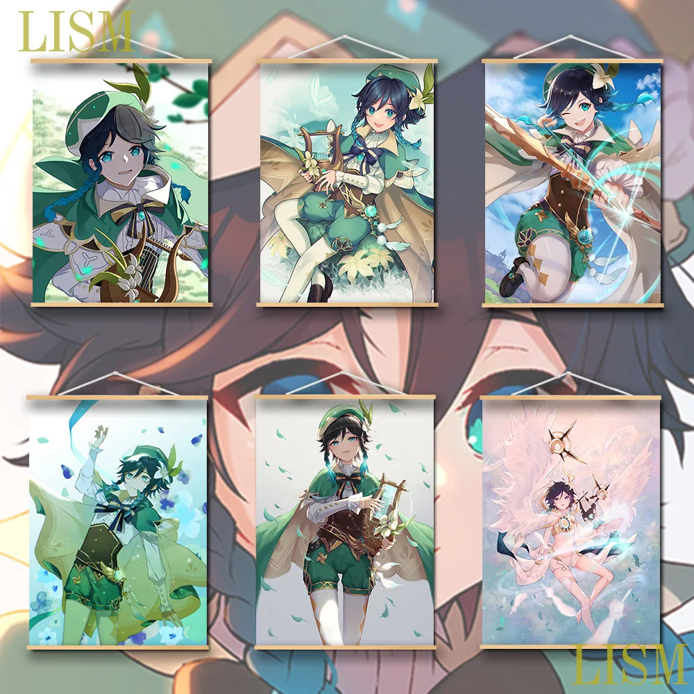 

Game Genshin Impact Venti Anime manga wall Poster solid wood hanging scroll with canvas painting