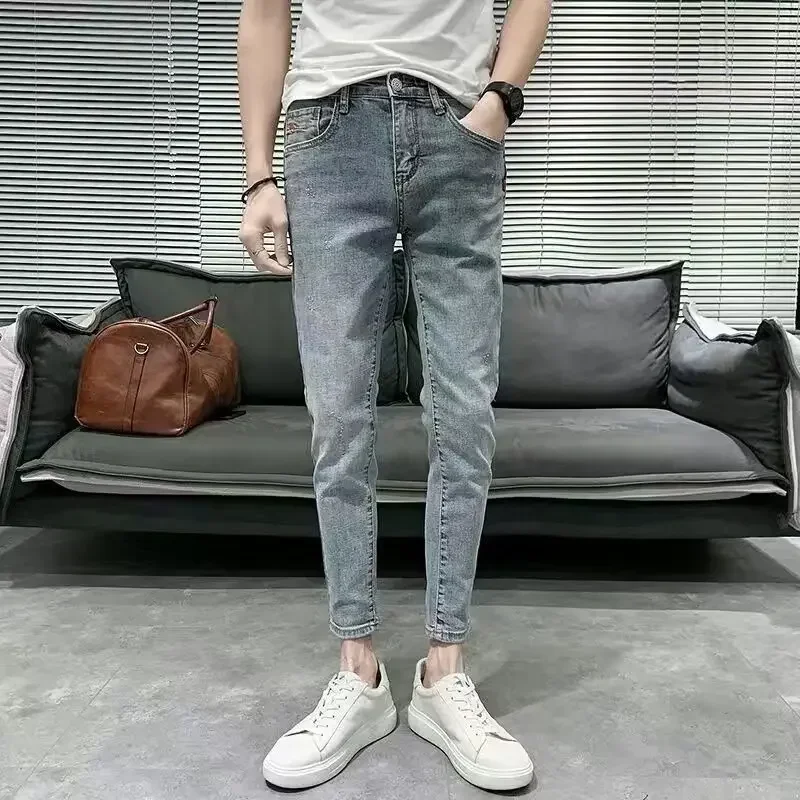 thumbnail image 1 of Pantalones vaqueros ajustados para hombre, pantalones vaqueros ajustados, ajustados, ajustados, ajustados, ajustados, azules claros, holgados, de talla grande, los más baratos, 1 of 5