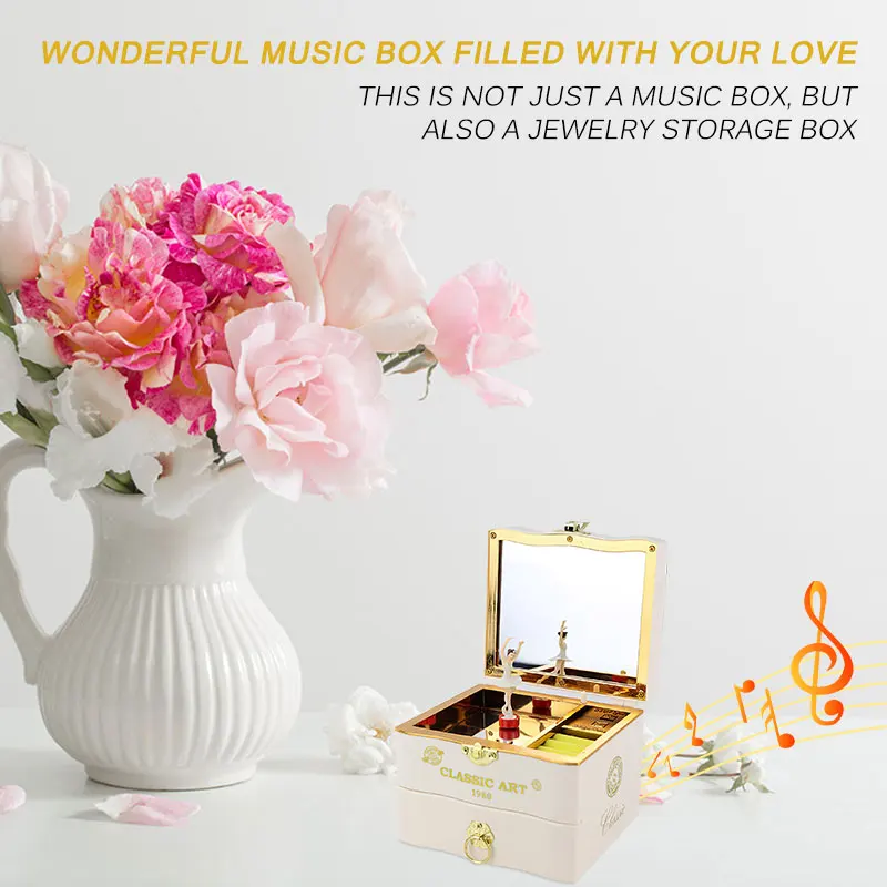 Dancing Ballerina Music Box For Kid Retro Craft Engraved Wooden Jewelry Storage Organizer With Mirror Great Gift For Birthday