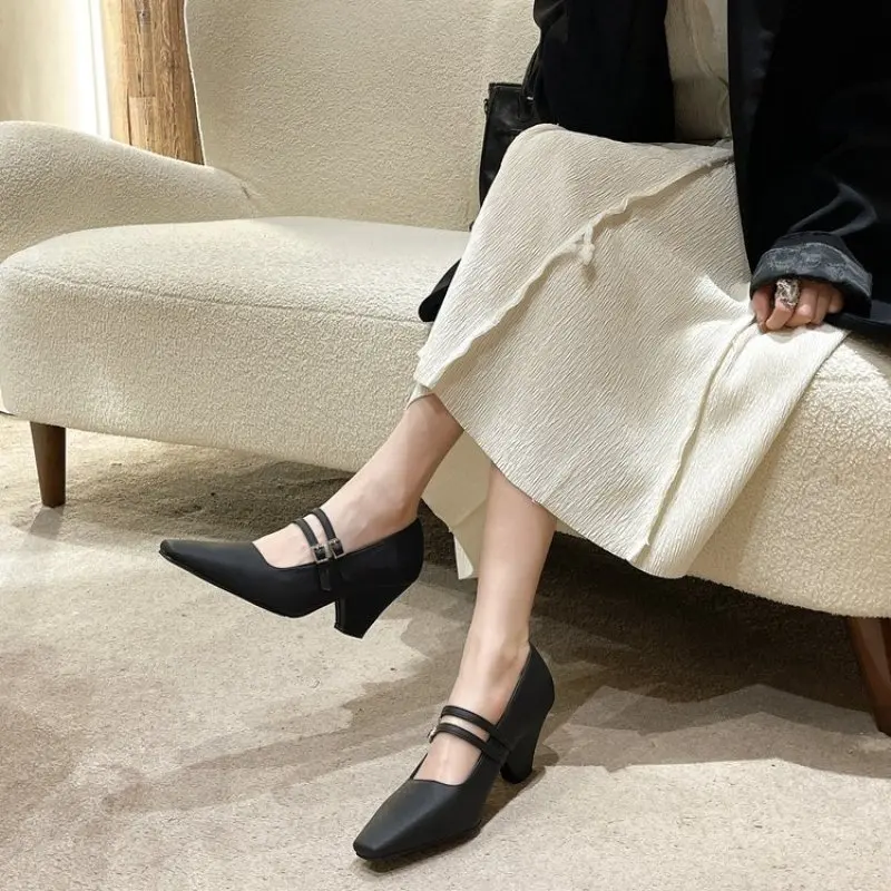 2024 New Arrivals Women Pumps Shallow Slip On Thick High Heels khaki black Belt Buckle Office Pumps Shoes 35-40 English Style