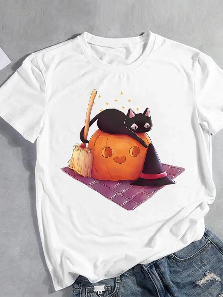 

Футболки с принтом на Хэллоуин, День благодарения, осенняя одежда, T-Cat, смешная одежда ведьмы, женский топ, модная футболка с графическим рисунком