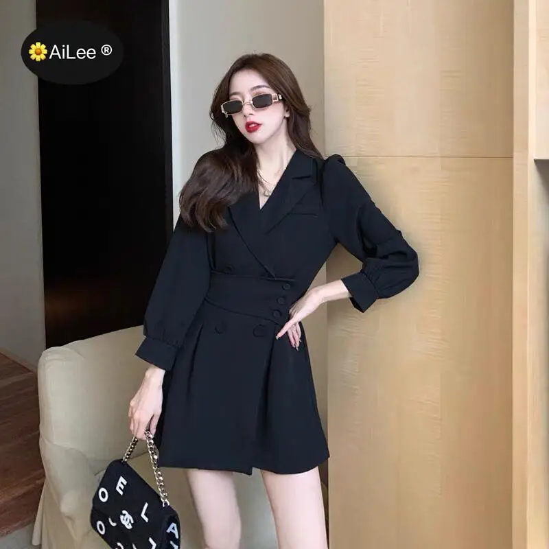 Fashion Chic Slim Waist Women Solid Blazer Elegant Office Wear Dlouble Breasted Button Female Suit Jacket Spring Trench Dress