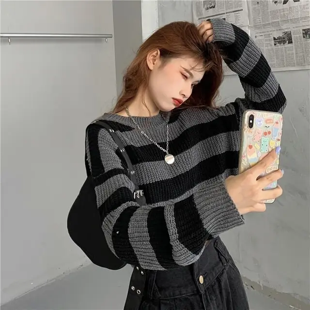 ZMZBCH Korean Style Autumn Striped Cropped Sweater Women Vintage Oversize Knit Jumper Female  Long Sleeve O-neck Pullovers Tops 1