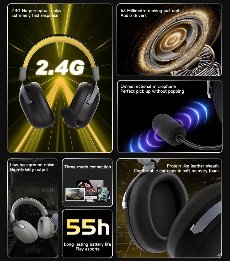 AJAZZ AHM08 MAX Kabelloses Gaming-Headset, 3 Modi, ANC, 1050mAh, Ergonomisch, Geringe Latenz, Geräuschlokalisierung, Lautstärkeregler – Detail 3