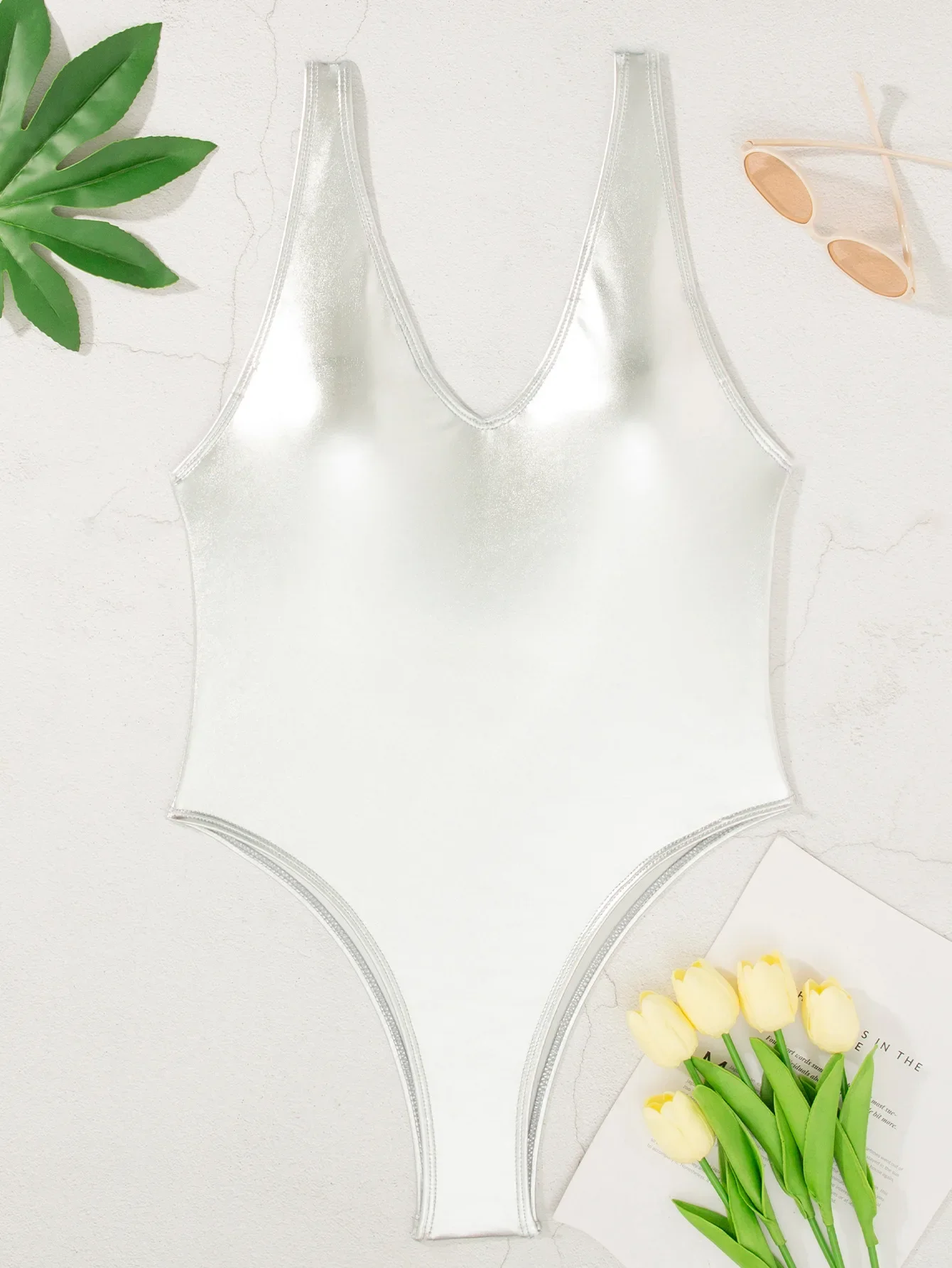 Sexy Metallic Gold and Silver Swimsuit One Piece Deep V-neck Bikinis Swimwear Swimsuits Beach Outfits Bodysuit Biquini Tankini