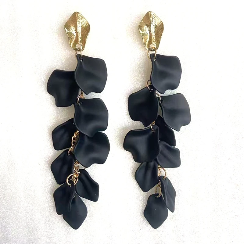 Gold Metal Leaf Acrylic Petal Tassel Earrings - Bold Floral Statement in Rose, Pink, and Orange