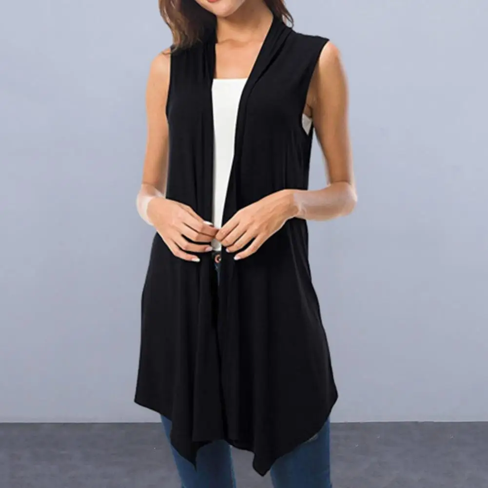 

Lightweight Women's Sleeveless Cardigan Vest Solid Color Open Front Mid-length Asymmetric Hem Waistcoat for Summer