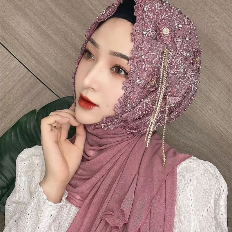 Luxury Muslim Wedding Hijab Scarves Embroidery Turban Hats Tassel Caps Malay Head Wrap For Women Beanie Dubai Islamic Head Scarf 3