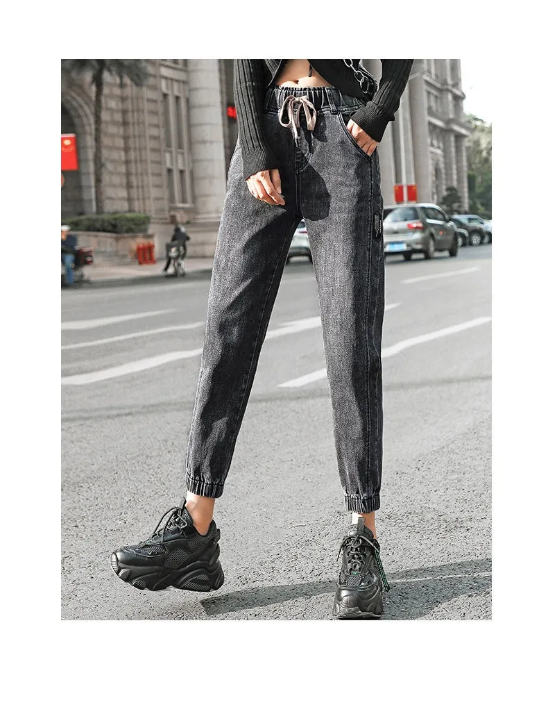 Damen lose Harem Jeans elastische Taille 2024 Frühling Herbst koreanischen Stil hohe Taille gerade kurz geschnittene Harems hose schwarz hellblau – Detail 11