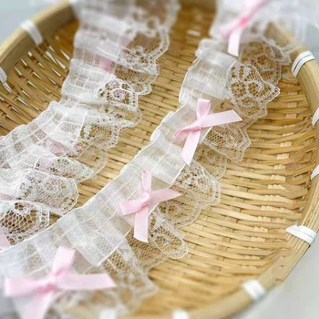 White Pink Delicate Bow Ruffle Embroidery Lace Fabrics 1