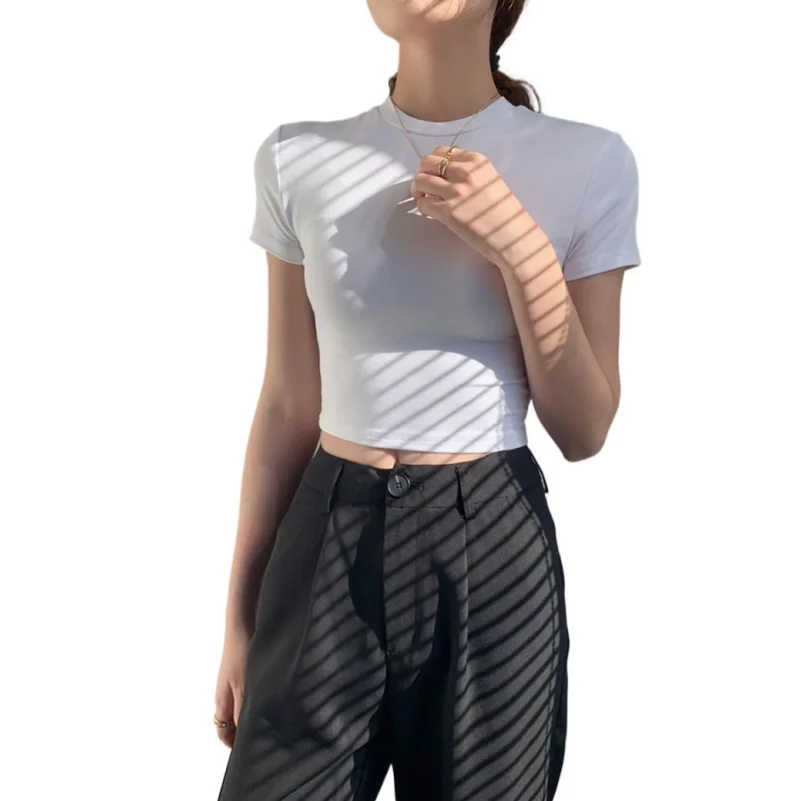 

Summer Knitted Cotton Women's Crop Tops Round Neck High Quality Tight Fitting Temperament Basics Soft Fashion White T-Shirts