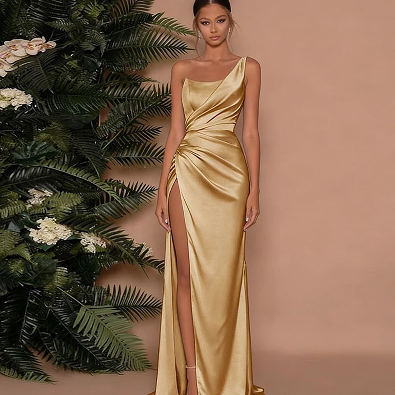 Women's Clothing European American Summer Sexy Temperament Single Shoulder Off Shoulder Side High Slit Satin Slim Fit Long Dress
