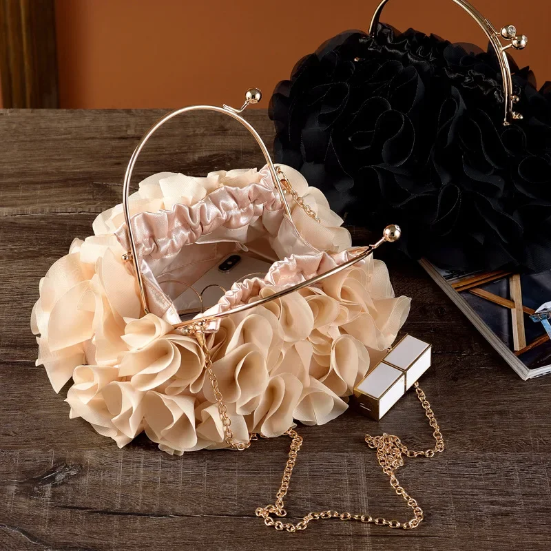 Fashion Elegant Flower Metal Handle Handbag Wedding Party Prom Clutches Chain Shoulder Bags For Women Bridal Evening Bags Purses